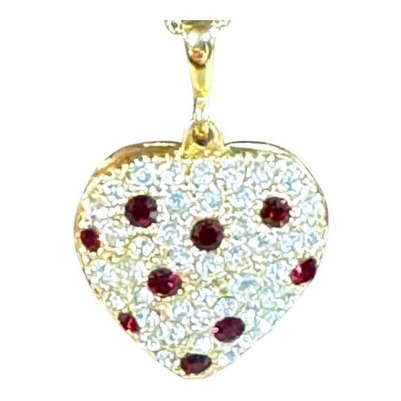 Vintage Gold Heart Locket Necklace With Ruby Red and Clear Rhinestones Stones - Picture 9 of 10